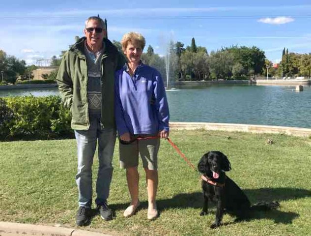 Steve, Sara and Cracker taking a break in a nice park with a lake, just south of Madrid, on their way from Scunthorpe in N.Lincs, UK to nr Albox in Almería, Spain. 